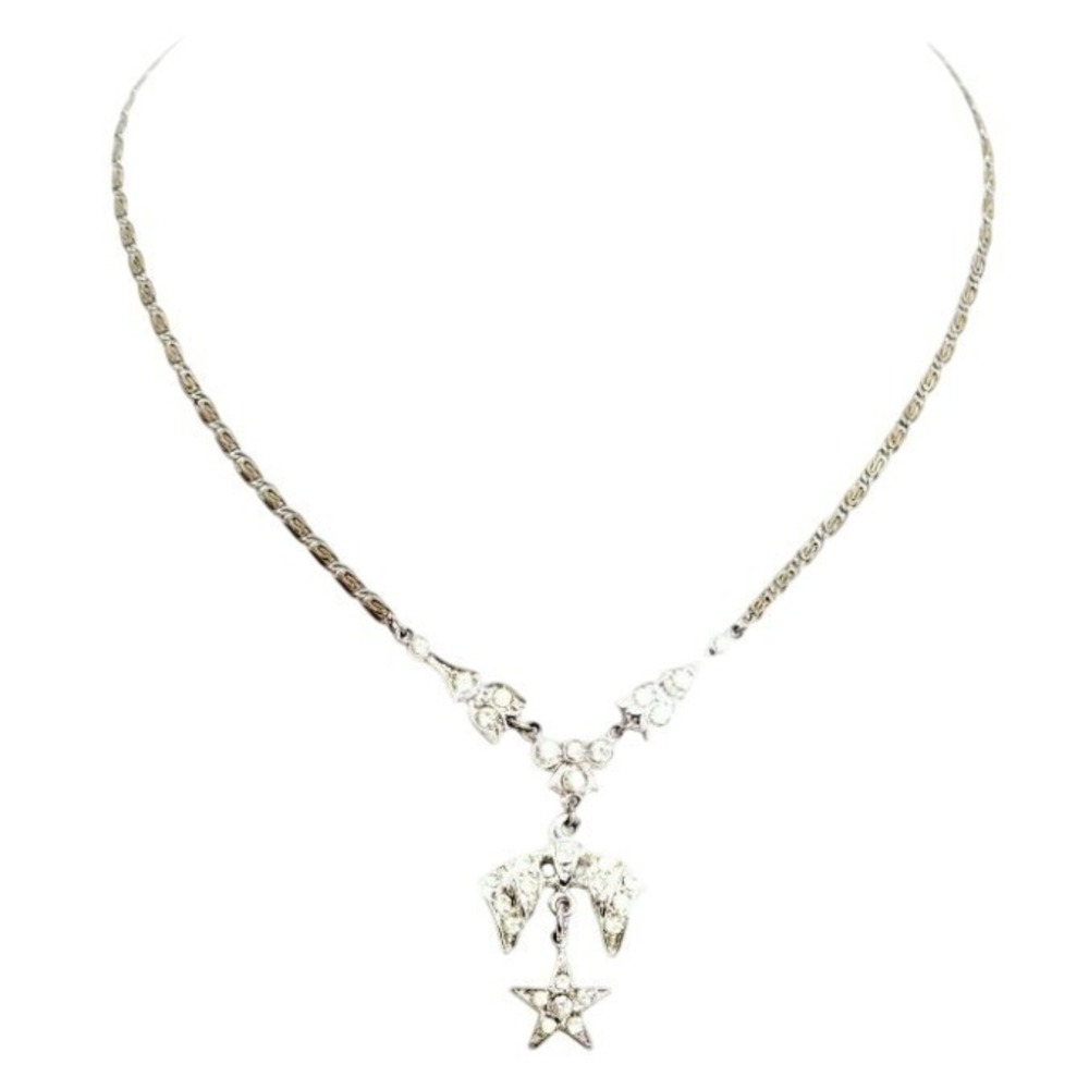 Vintage ART DECO Clear Rhinestone Flower Star White Metal Silver Tn‎ Necklace